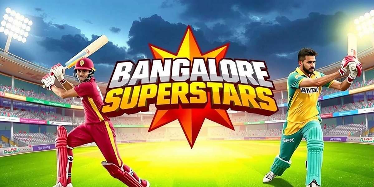 Bangalore Superstars Official Game Cover Bangalore Superstars game cover showing cricket players in action at Chinnaswamy Stadium